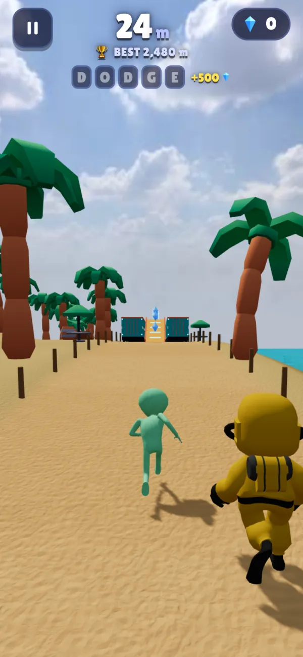 Alien Run gameplay: the little green alien runs along a tropical beach with a lab agent in a yellow hazmat suit right behind it