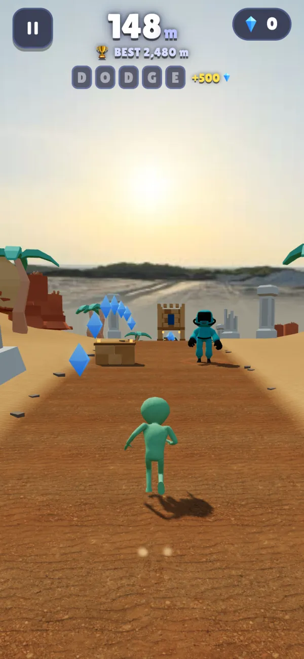 Running across the Sahara sand toward a lab agent, with an obelisk and columns under a low sun
