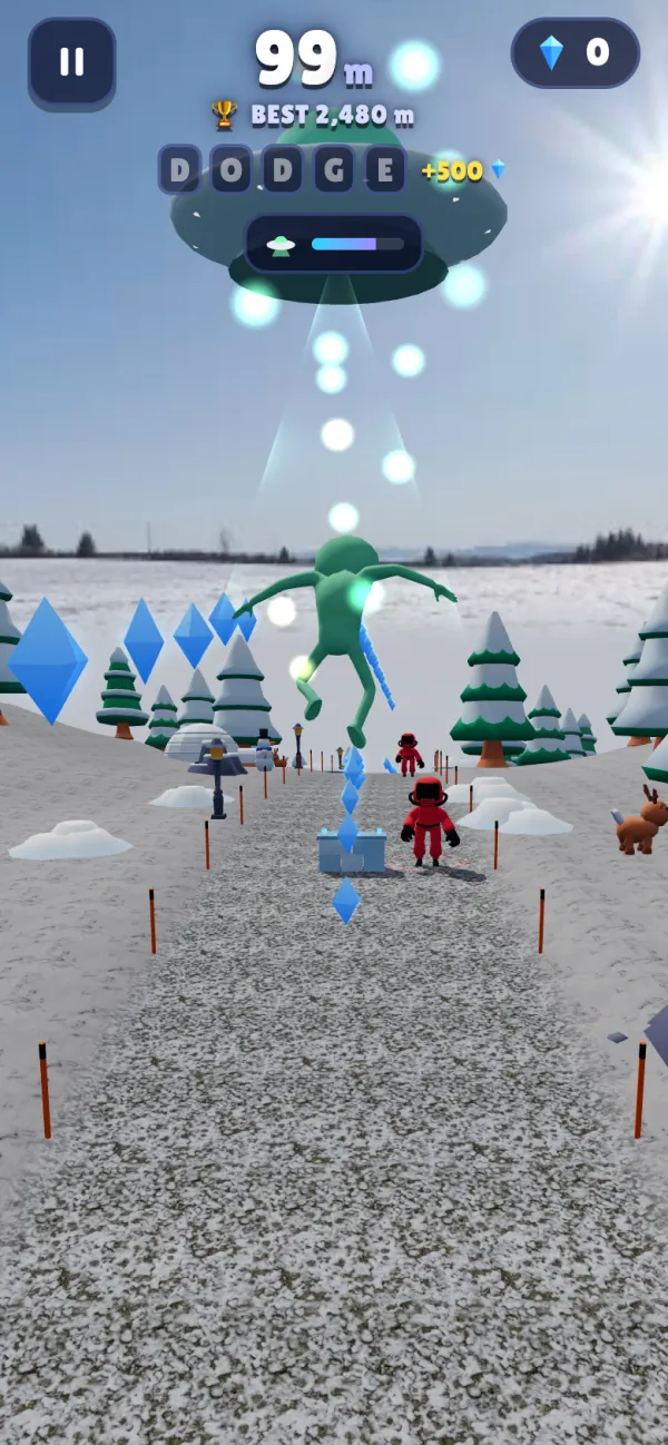 A flying saucer carries the alien over the snowy Arctic in the UFO Beam, past a line of blue crystals
