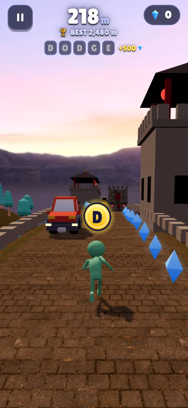 A golden letter D floats on the Great Wall of China next to blue crystals, with a car driving toward the alien