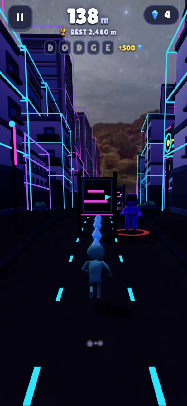 Neon City at night, with glowing pink and blue buildings and a lab agent standing in a lane