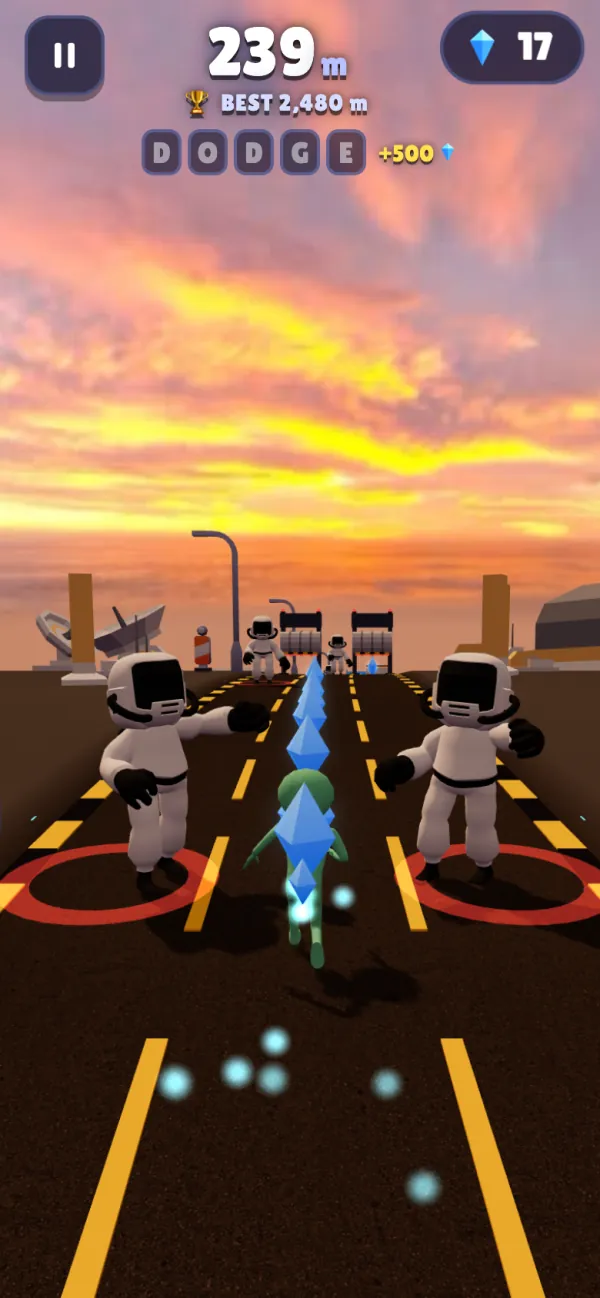 The alien runs between two lab agents in white suits at the Launch Base under a sunset sky