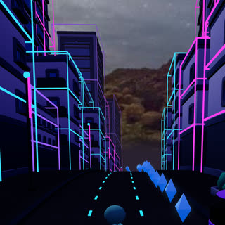 Neon City world: buildings outlined in glowing pink and blue lights at night